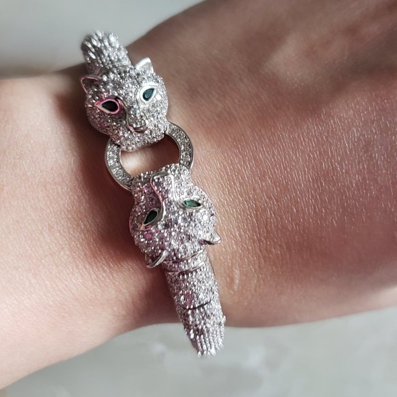 Sterling silver - jaguar/ leopard / cat, double head, green eye bracelet - Picture 5 of 8